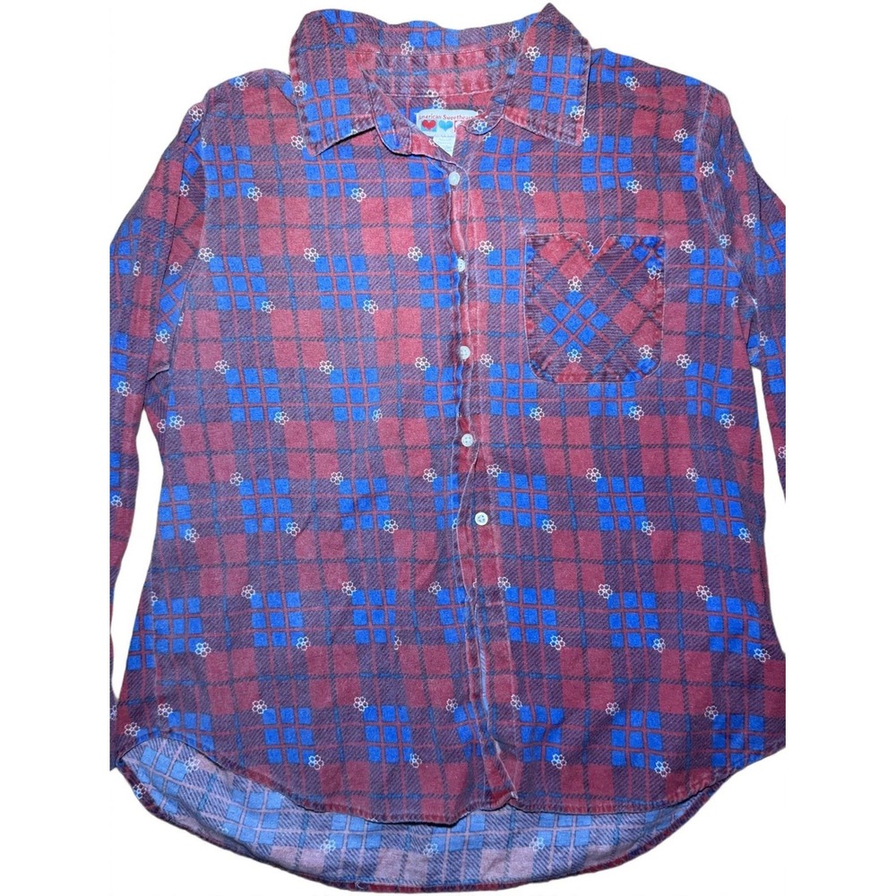 American Sweetheart Flannel Shirt Plaid Floral Red Blue Daisy Vintage Y2K XL